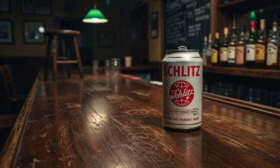Vintage Schlitz beer can on a wooden bar marking the brand's final 175-year brew batch.