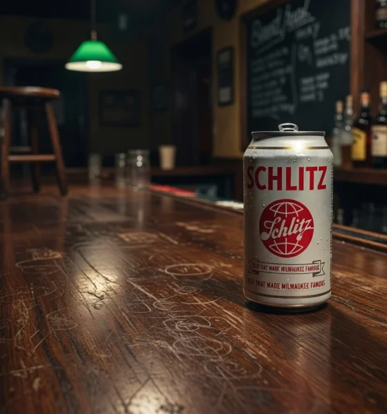 Vintage Schlitz beer can on a wooden bar marking the brand's final 175-year brew batch.