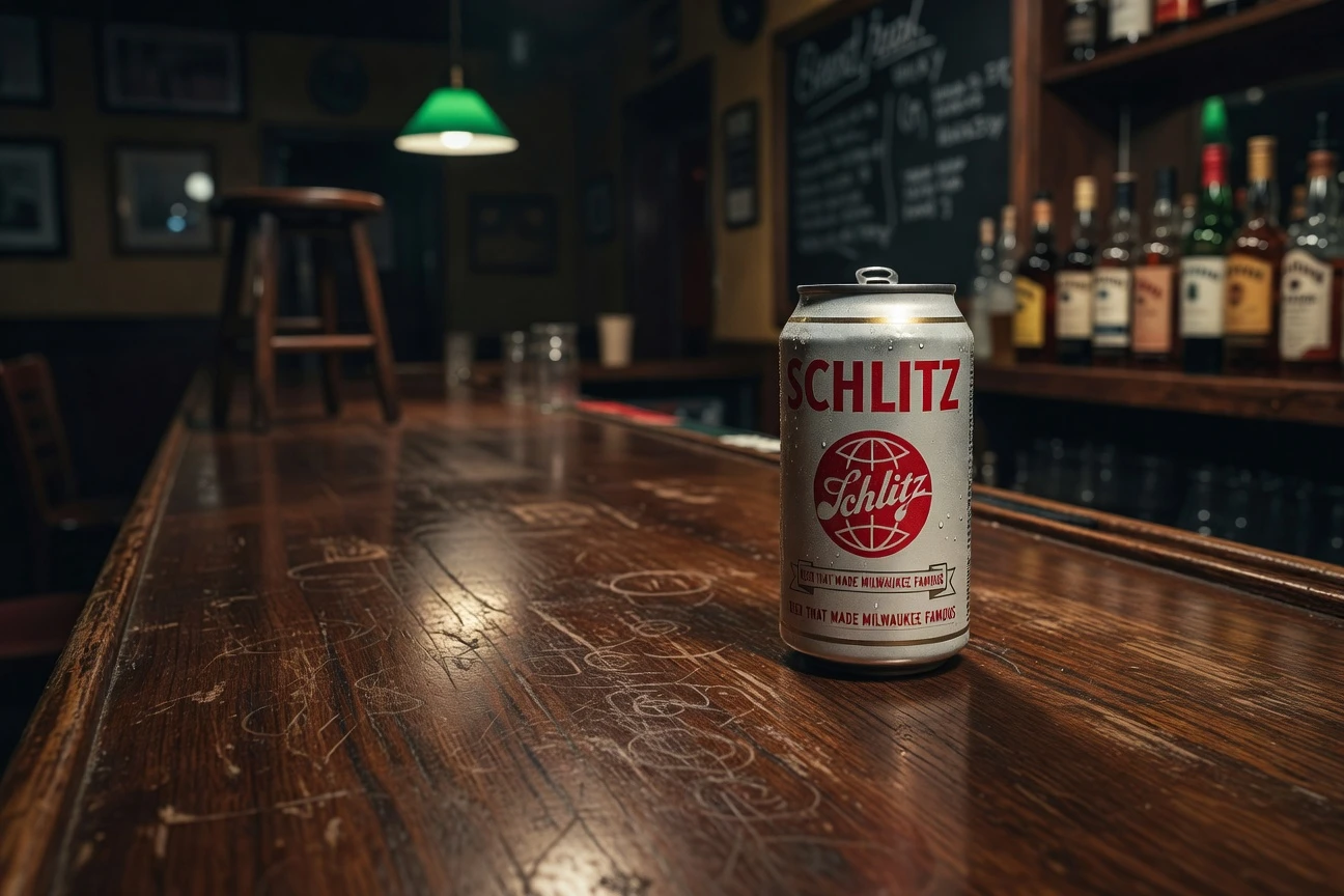 Vintage Schlitz beer can on a wooden bar marking the brand's final 175-year brew batch.