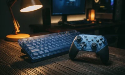 8BitDo Clear Blue N64 30th Collection controller and keyboard