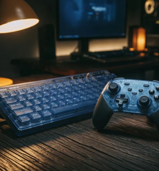 8BitDo Clear Blue N64 30th Collection controller and keyboard