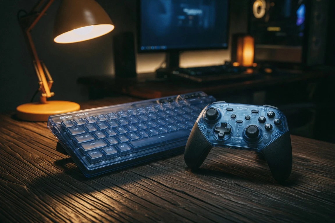 8BitDo Clear Blue N64 30th Collection controller and keyboard