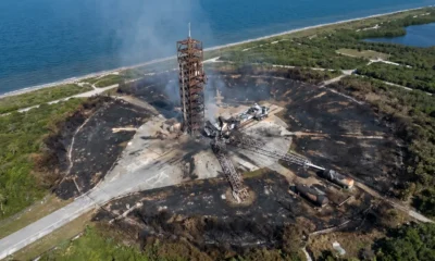 Blue Origin New Glenn explosion damage at LC-36 launch pad visible from space.