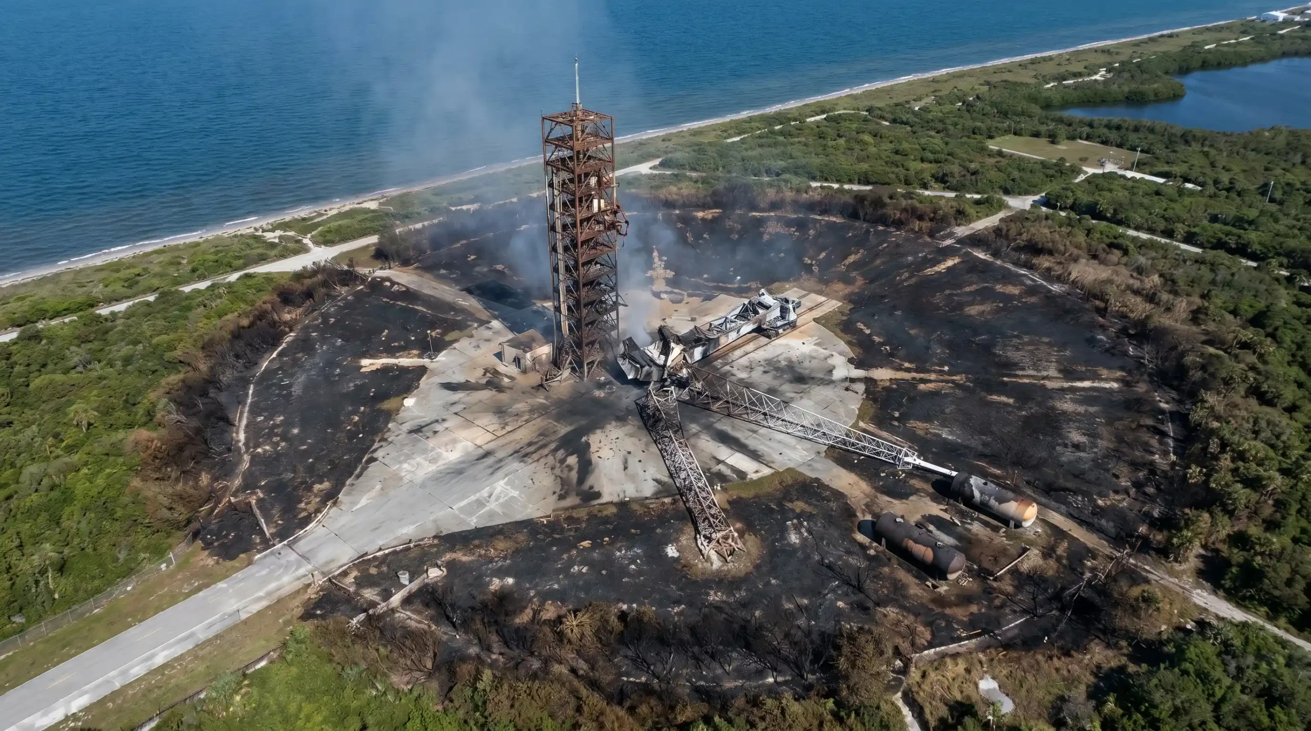 Blue Origin New Glenn explosion damage at LC-36 launch pad visible from space.