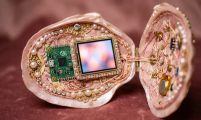 DIY cyberdeck trend shown as a pink seashell purse computer with an exposed board.