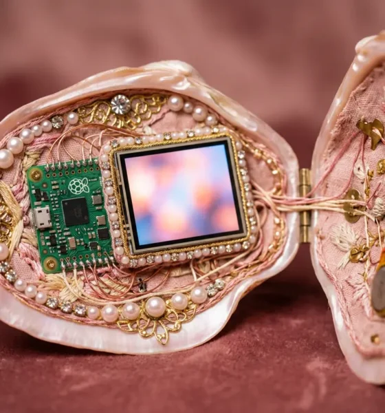 DIY cyberdeck trend shown as a pink seashell purse computer with an exposed board.