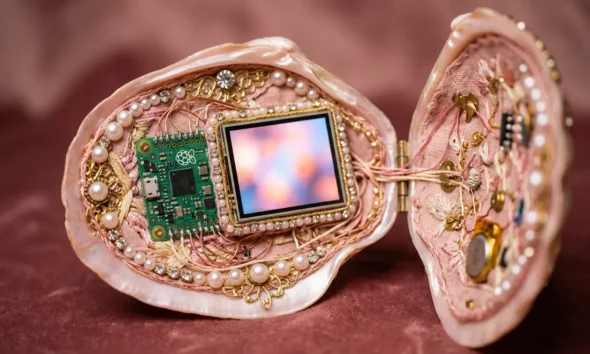 DIY cyberdeck trend shown as a pink seashell purse computer with an exposed board.