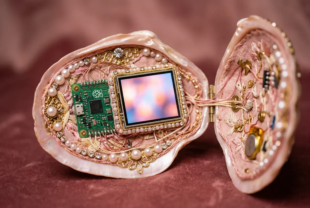 DIY cyberdeck trend shown as a pink seashell purse computer with an exposed board.