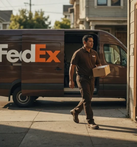 FedEx delivery driver stepping out of a brown van with package