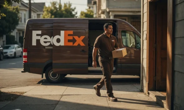 FedEx delivery driver stepping out of a brown van with package
