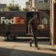 FedEx delivery driver stepping out of a brown van with package