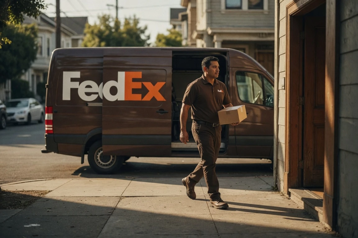 FedEx delivery driver stepping out of a brown van with package