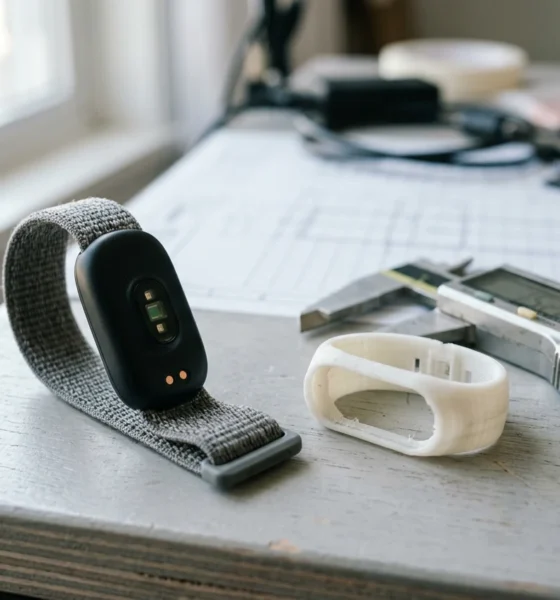 Fitbit Air pebble sensor and custom band blueprints opened to makers and 3D printing.