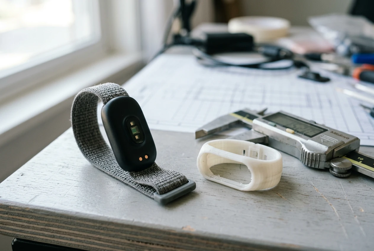 Fitbit Air pebble sensor and custom band blueprints opened to makers and 3D printing.