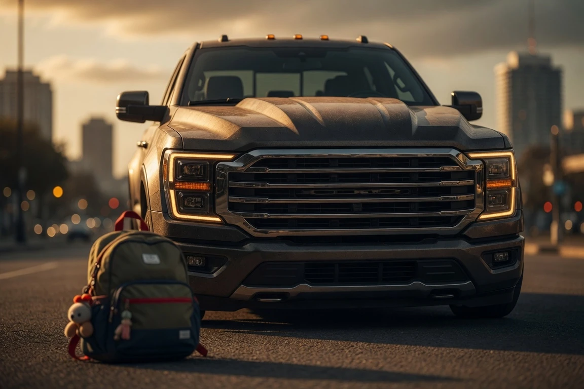Larger SUVs and trucks with tall hoods towering over pedestrians
