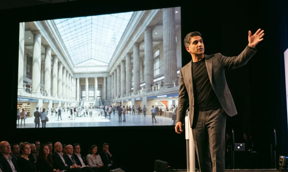 Penn Station renovation renderings stone facade Trump seal