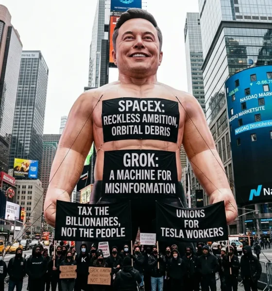 SpaceX IPO protest with 40-foot Musk effigy