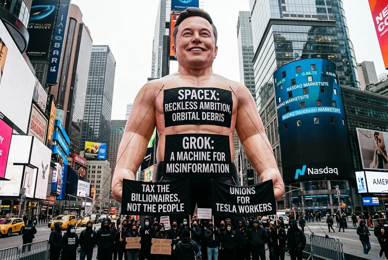 SpaceX IPO protest with 40-foot Musk effigy