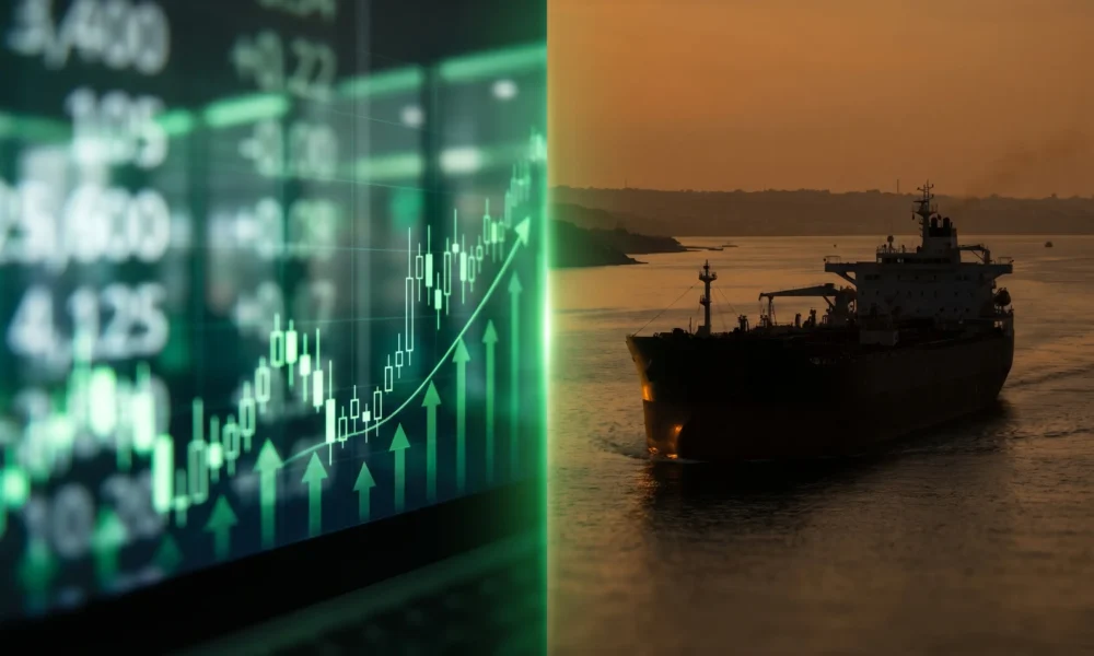 Stock market record close against rising oil prices from Strait of Hormuz tensions.