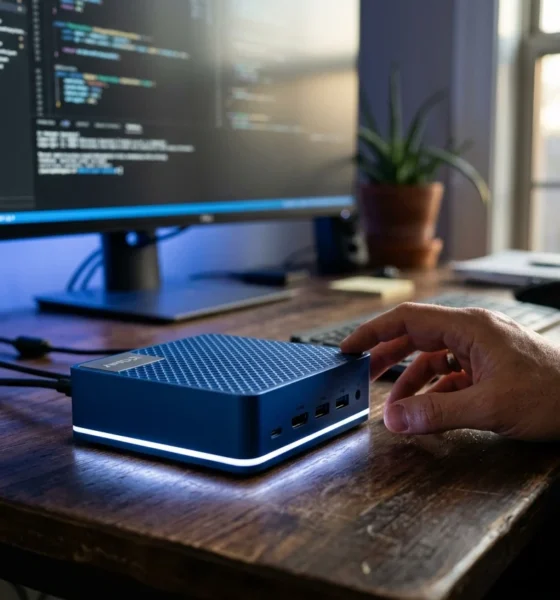 AMD Ryzen AI Halo Developer Desktop cobalt chassis on desk