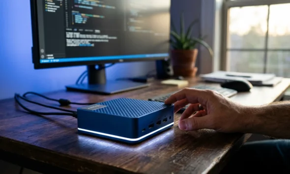 AMD Ryzen AI Halo Developer Desktop cobalt chassis on desk