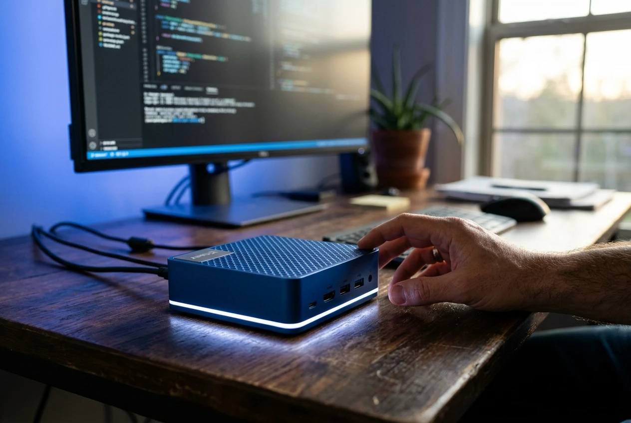 AMD Ryzen AI Halo Developer Desktop cobalt chassis on desk