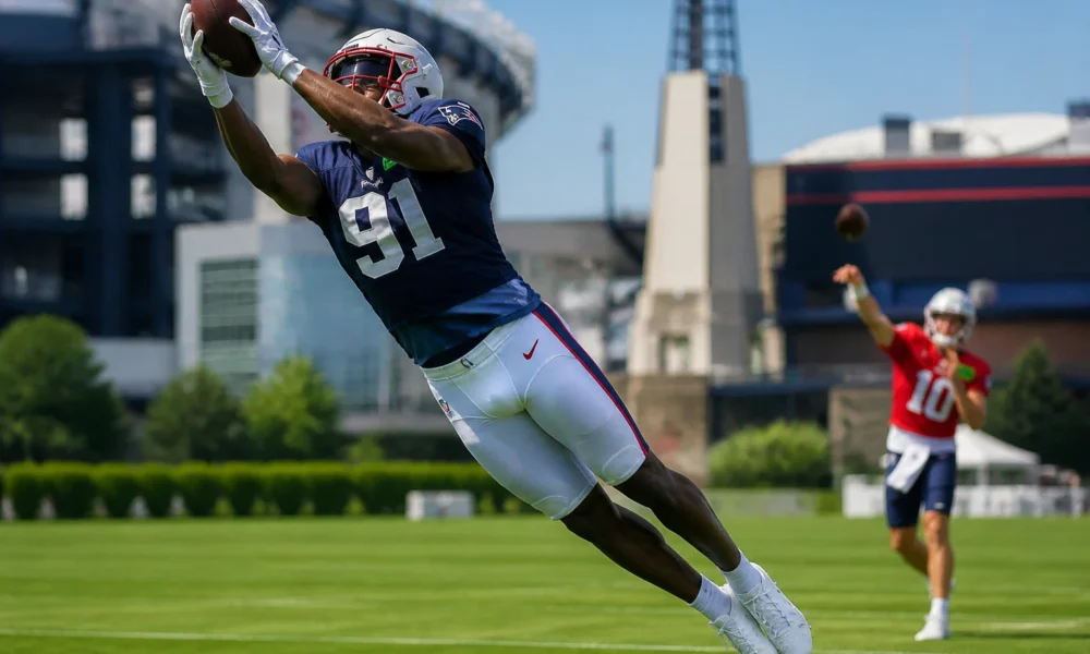 Kayshon Boutte deep touchdown catch Patriots training camp 2026
