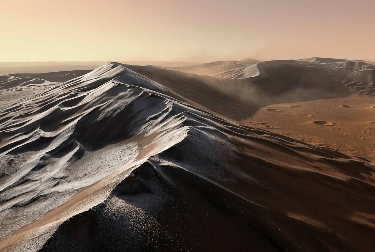 Mars Express Kaiser Crater metallic dunes carbon dioxide frost