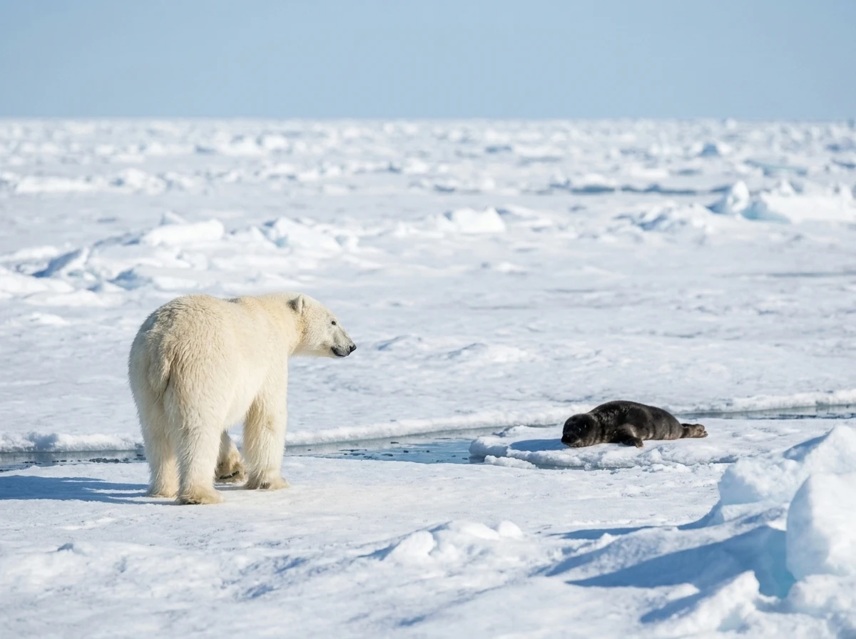 polar bear backs away from bearded seal pup on Svalbard ice