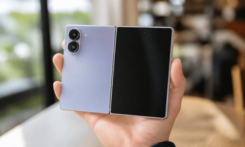 Samsung Galaxy Z Fold 8 passport size foldable lavender open