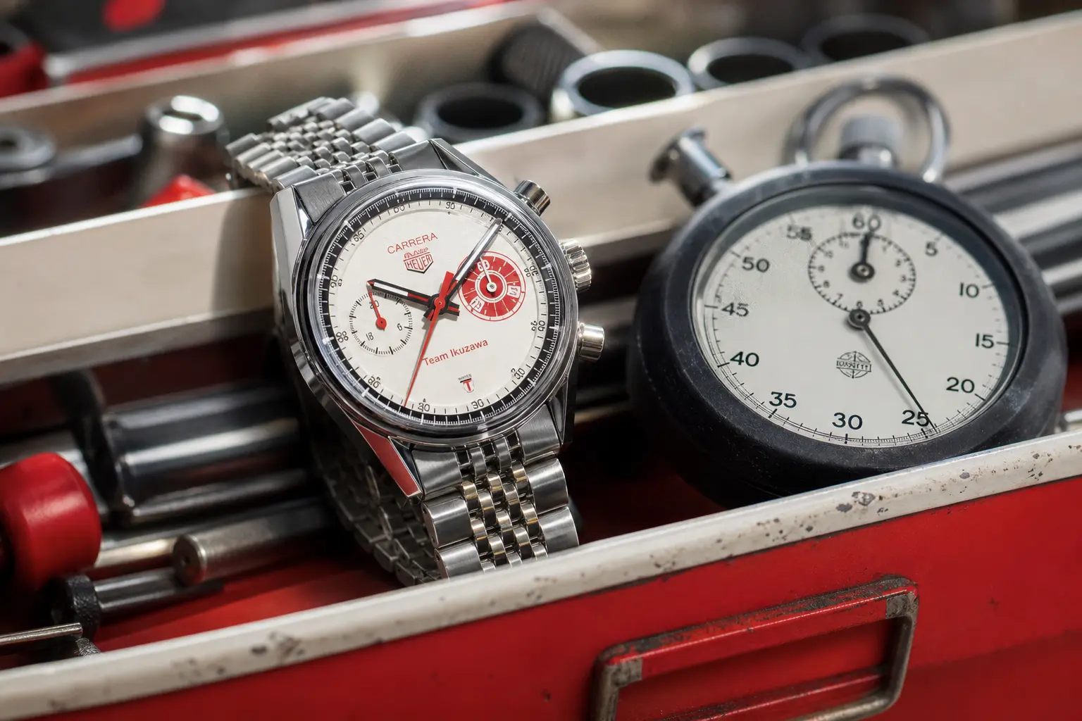 TAG Heuer Carrera Chronograph Team Ikuzawa Glassbox white dial red accents