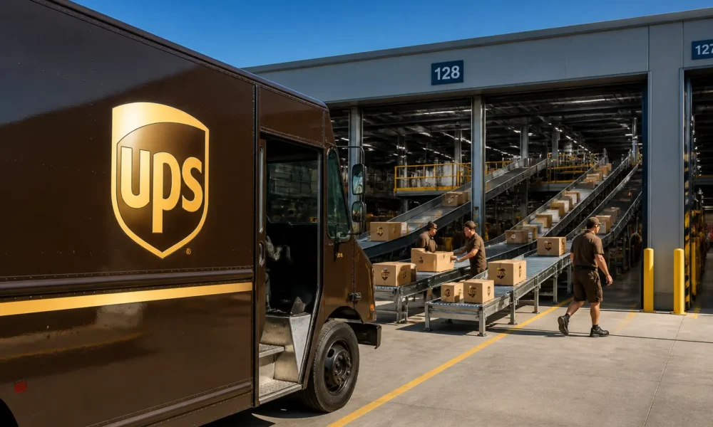UPS brown delivery truck after Amazon volume exit earnings