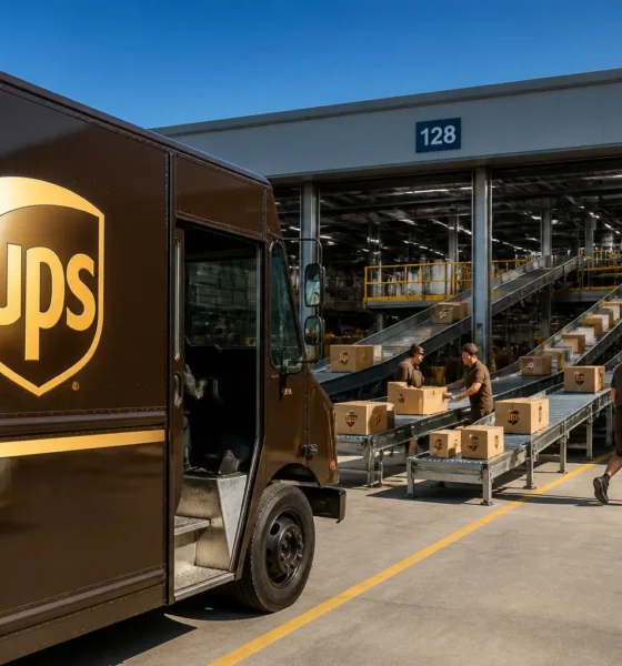 UPS brown delivery truck after Amazon volume exit earnings
