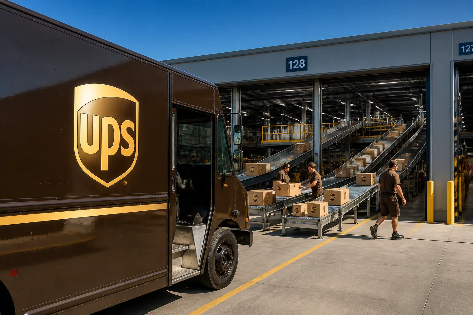 UPS brown delivery truck after Amazon volume exit earnings