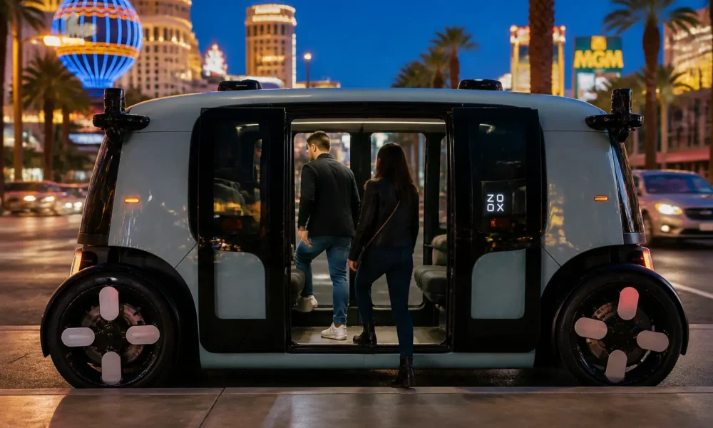 Zoox purpose-built robotaxi paid rides NHTSA exemption Las Vegas