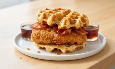 Chick-fil-A chicken and waffles sandwich with bacon syrup