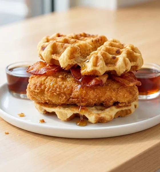 Chick-fil-A chicken and waffles sandwich with bacon syrup