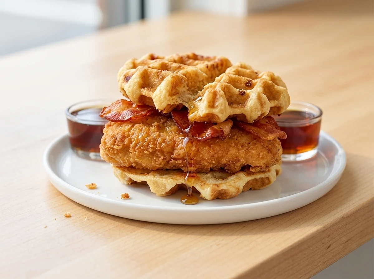 Chick-fil-A chicken and waffles sandwich with bacon syrup