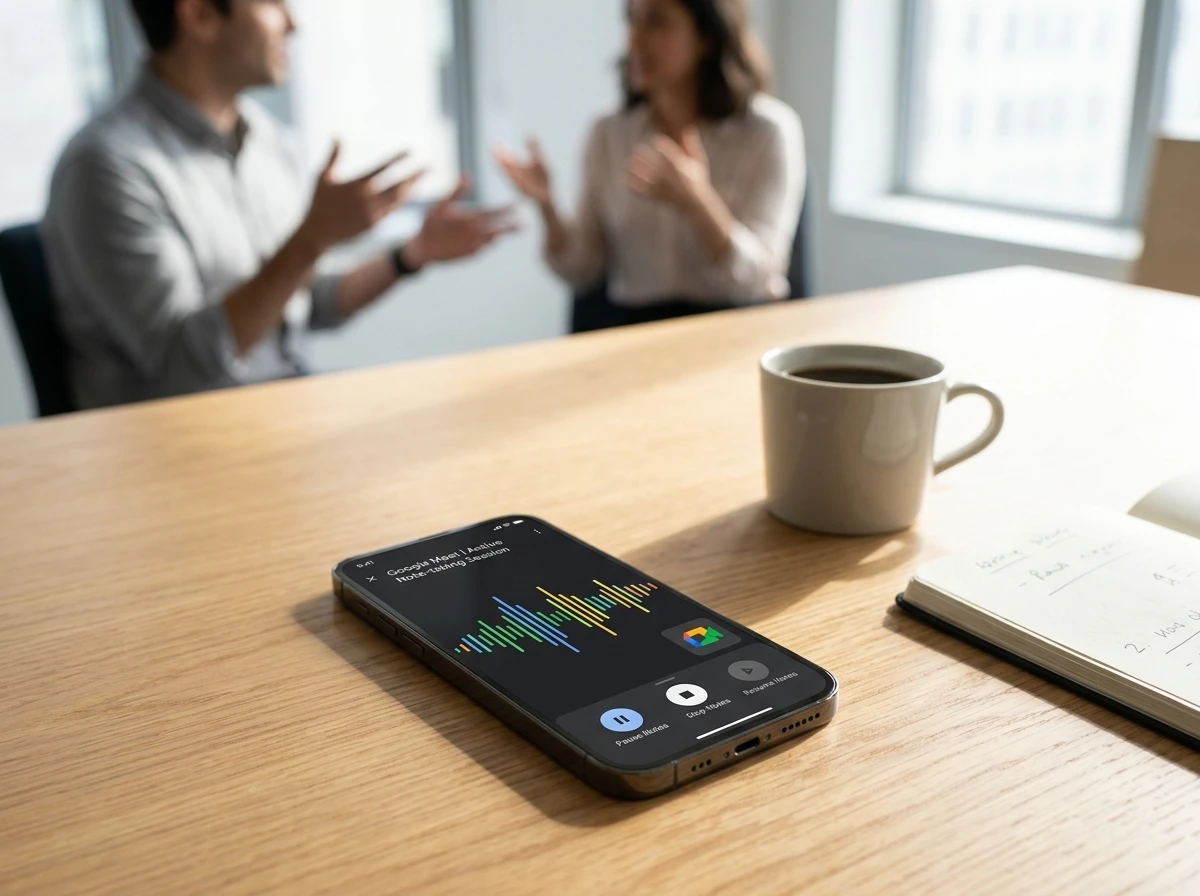 Google Meet Take Notes in-person phone on conference table