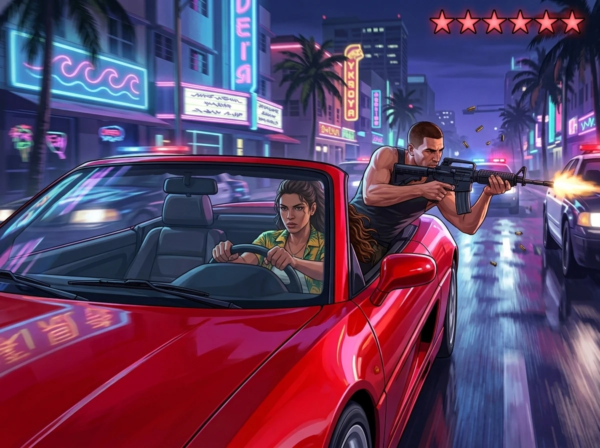 GTA 6 Jason Lucia red convertible chase six wanted stars