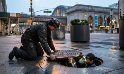 men in overalls headlamps exiting manhole near Penn Station NYC