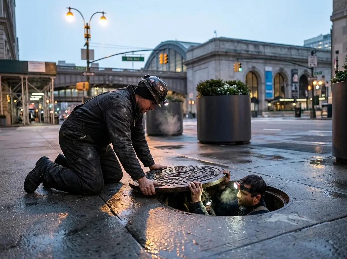 men in overalls headlamps exiting manhole near Penn Station NYC