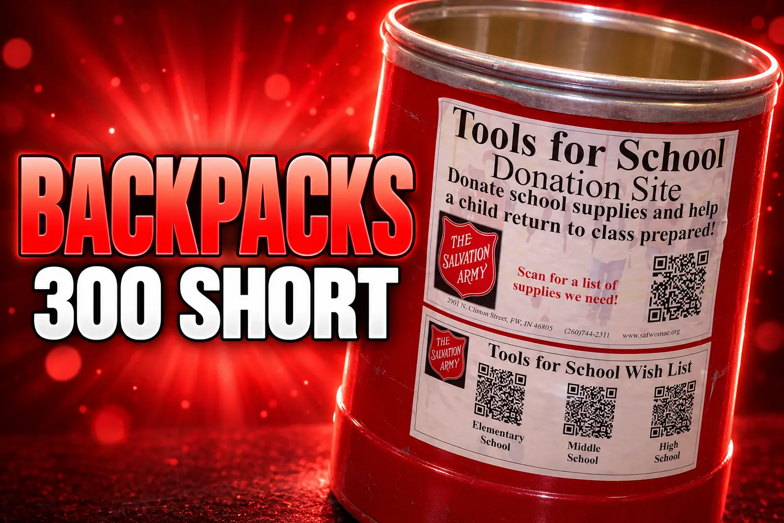 Salvation Army Fort Wayne Tools for School 300 backpacks short