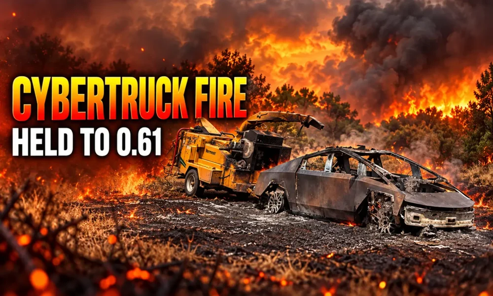 Tesla Cybertruck woodchipper grass fire near Redvale