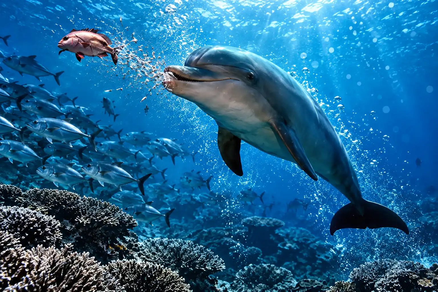 Bubbles dolphin steals trevally meals Lady Elliot