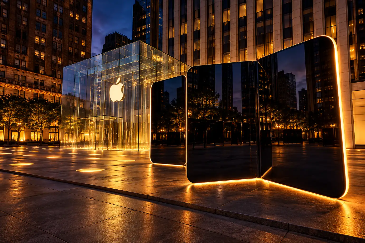giant iPhone Duo sculptures Apple Fifth Avenue plaza